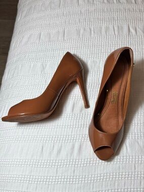 Sleek Tan Peep-Toe Patent High Heels